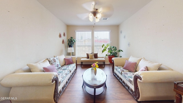 7350 La Casa Way, Canutillo, TX 79835 - living area featuring visible vents, ceiling fan, and wood finished floors
