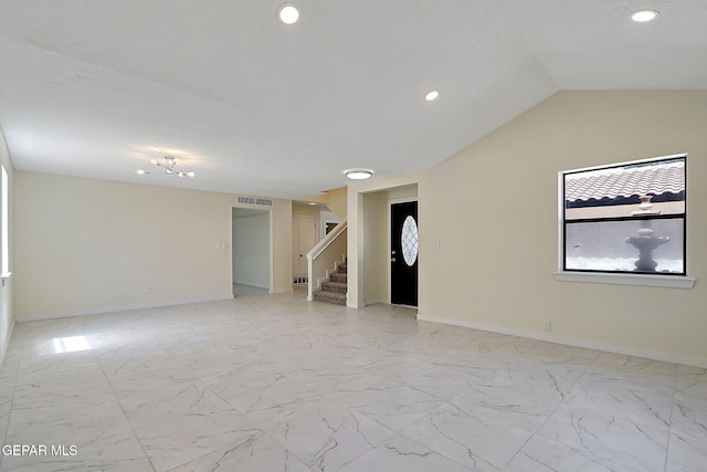 unfurnished living room featuring recessed lighting, baseboards, visible vents, and stairs
