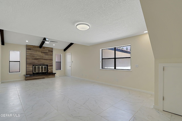 unfurnished living room featuring ceiling fan, baseboards, marble finish floor, and a tiled fireplace
