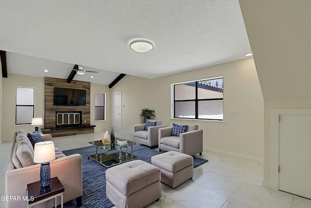 living area with a ceiling fan, marble finish floor, a large fireplace, baseboards, and recessed lighting