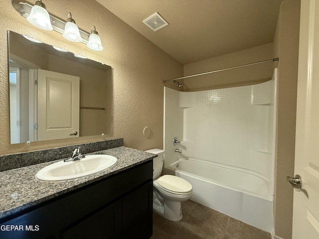 312 Via Cumbre Linda Cir, El Paso, TX 79928 - full bathroom with vanity, a textured wall, toilet, tile patterned flooring, and visible vents