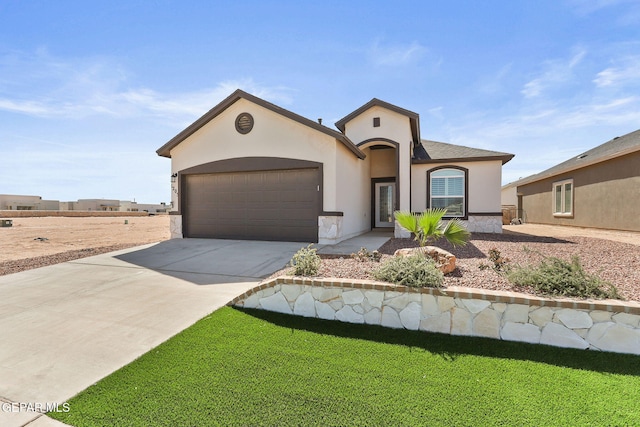 1205 Night Sky St, Horizon City, TX 79928 - view of front of property with a garage, driveway, stone siding, a front yard, and stucco siding