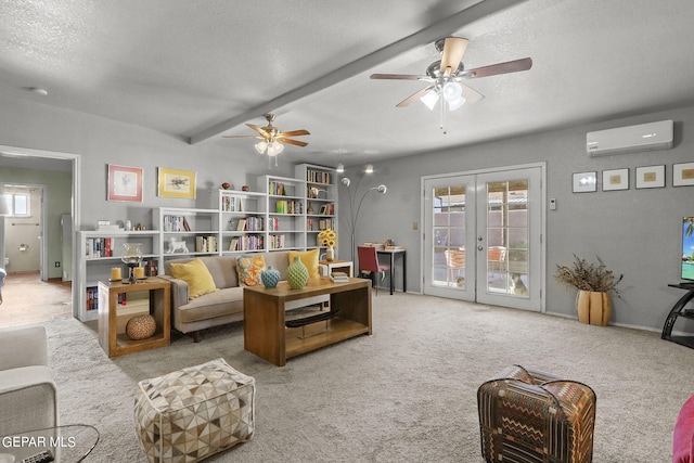 living room featuring an AC wall unit, a healthy amount of sunlight, french doors, and ceiling fan