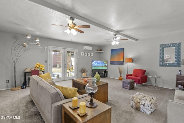 living area with french doors, a ceiling fan, carpet flooring, and beamed ceiling