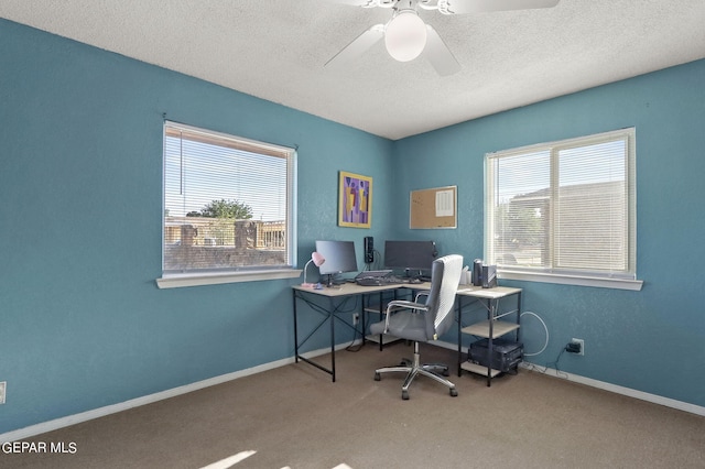 office space with a ceiling fan, carpet flooring, a textured ceiling, and a healthy amount of sunlight