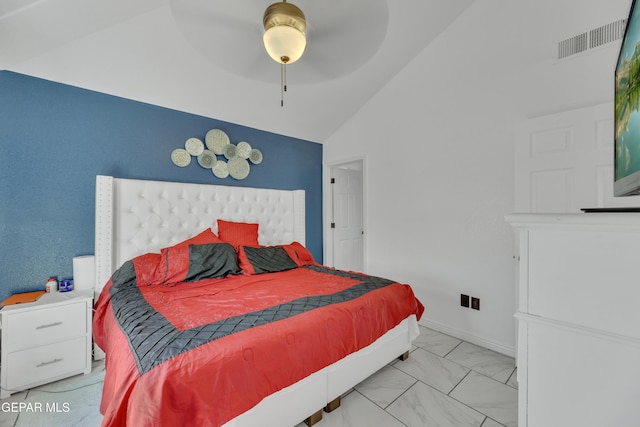 bedroom with visible vents, high vaulted ceiling, marble finish floor, and ceiling fan