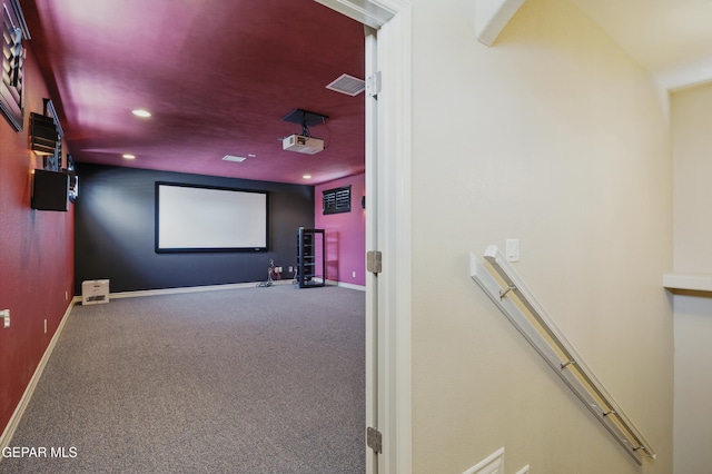 home theater featuring recessed lighting, carpet flooring, and baseboards