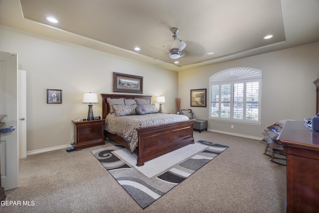 bedroom featuring ceiling fan, baseboards, carpet flooring, and recessed lighting