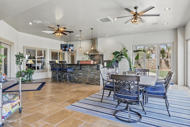 dining room featuring ceiling fan, visible vents, and recessed lighting