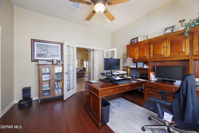 office area with visible vents, a ceiling fan, french doors, dark wood-type flooring, and baseboards