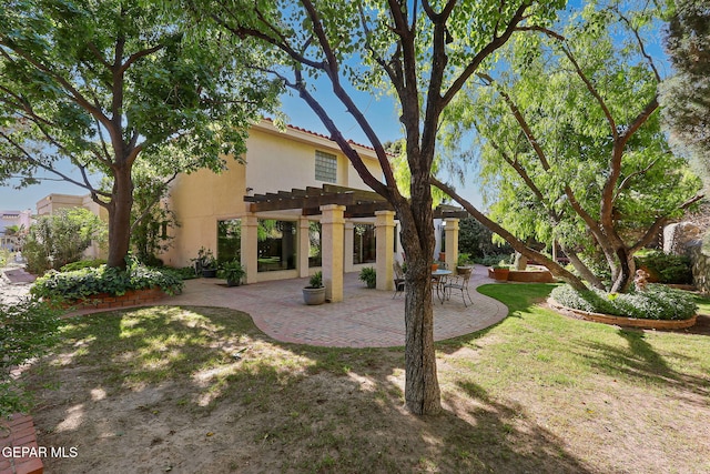 back of house featuring a tiled roof, a patio, a yard, a pergola, and stucco siding
