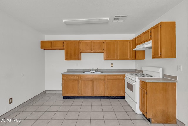 2352 Tierra Blanda Dr, El Paso, TX 79938 - kitchen with a sink, white range with gas stovetop, light countertops, under cabinet range hood, and visible vents