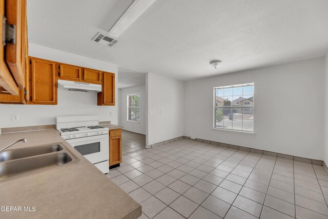 2352 Tierra Blanda Dr, El Paso, TX 79938 - kitchen with under cabinet range hood, light countertops, visible vents, a sink, and white range with gas cooktop