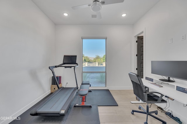 office featuring a ceiling fan, baseboards, recessed lighting, and visible vents