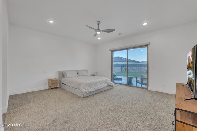bedroom with access to outside, baseboards, recessed lighting, and carpet