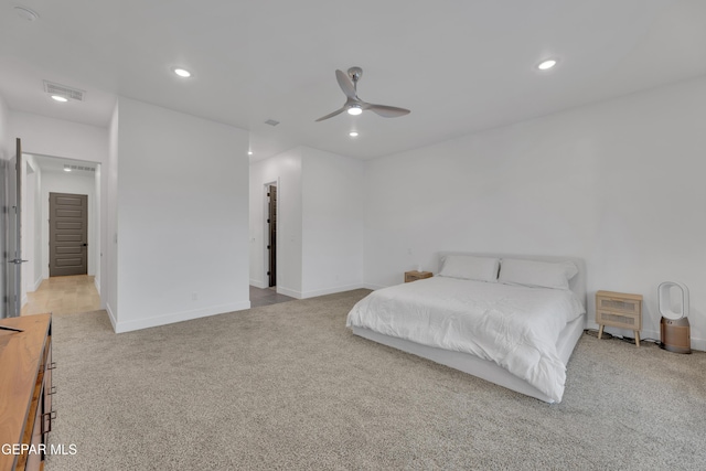 bedroom featuring baseboards, carpet, recessed lighting, and visible vents