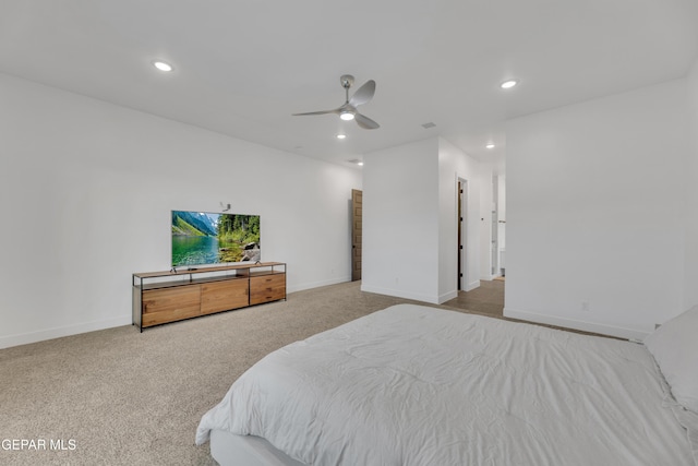 carpeted bedroom with baseboards, a ceiling fan, and recessed lighting
