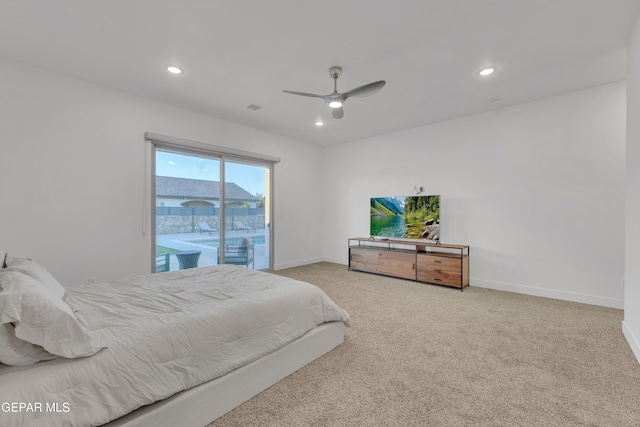 bedroom with access to outside, recessed lighting, baseboards, and light carpet