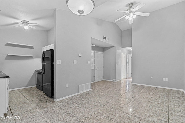 unfurnished living room with baseboards, visible vents, a ceiling fan, and high vaulted ceiling