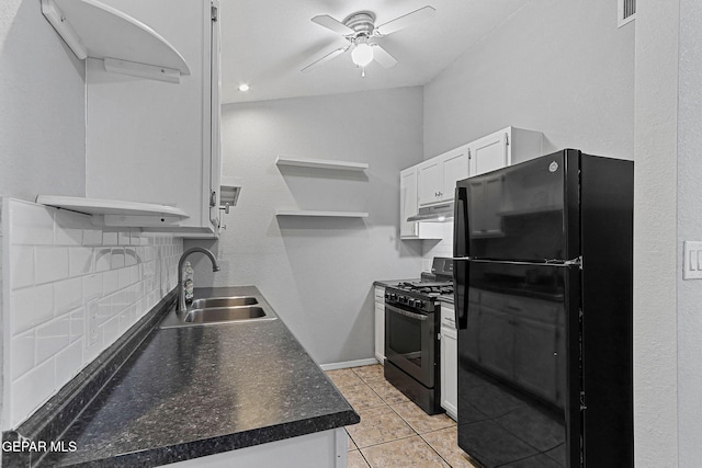 kitchen with open shelves, under cabinet range hood, white cabinets, black appliances, and a sink
