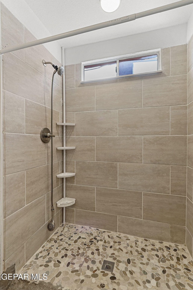 full bath featuring a tile shower and stone finish flooring