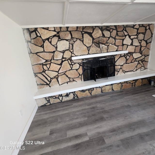 room details featuring a fireplace, wood finished floors, and baseboards