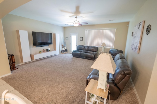 14700 Alton Oaks, El Paso, TX 79938 - carpeted living room featuring visible vents, baseboards, and a ceiling fan