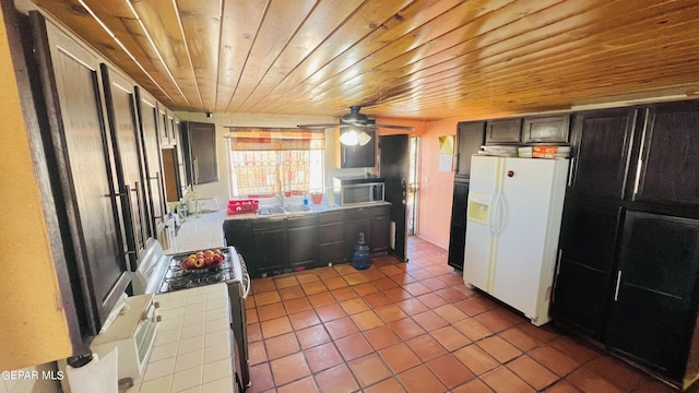 610 Jewels Dr, Socorro, TX 79927 - kitchen featuring tile counters, a sink, white appliances, wooden ceiling, and tile patterned flooring