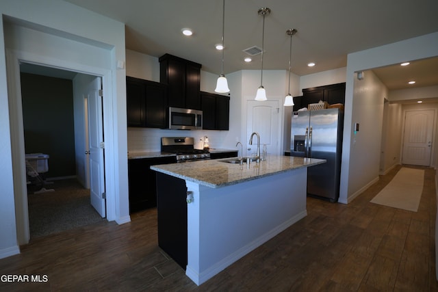 1628 Sam Dominguez, El Paso, TX 79928 - kitchen featuring stainless steel appliances, dark wood-style floors, a sink, decorative backsplash, and an island with sink