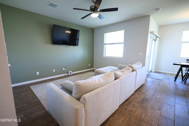 1628 Sam Dominguez, El Paso, TX 79928 - living room with dark wood finished floors, a wealth of natural light, a ceiling fan, and visible vents