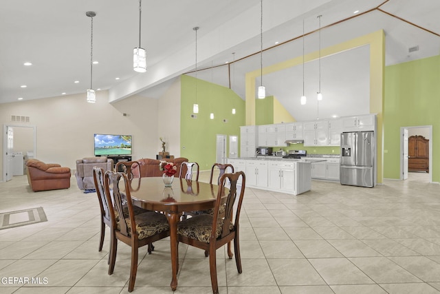 dining room with high vaulted ceiling, recessed lighting, visible vents, and light tile patterned floors
