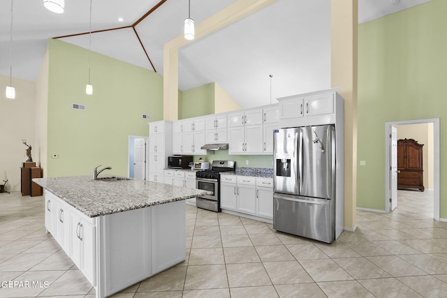 kitchen with high vaulted ceiling, stainless steel appliances, white cabinets, under cabinet range hood, and visible vents