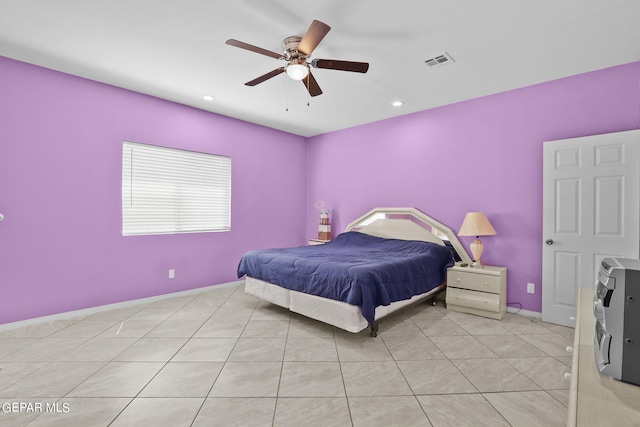 bedroom with light tile patterned floors, visible vents, recessed lighting, and ceiling fan