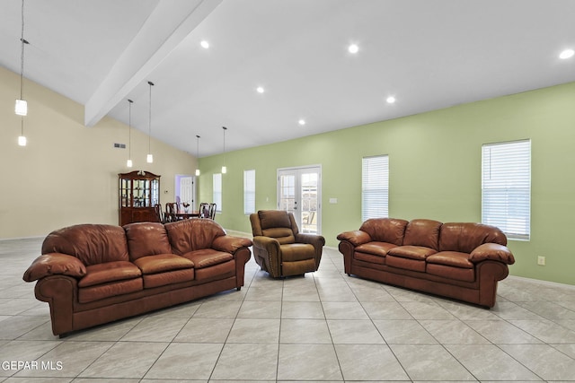 living room featuring vaulted ceiling with beams, baseboards, light tile patterned floors, and a healthy amount of sunlight