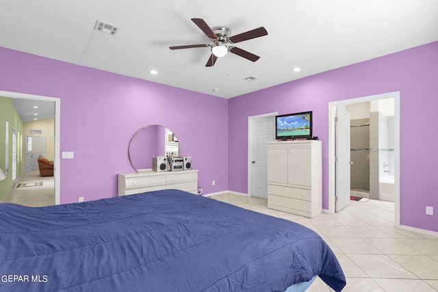 bedroom with baseboards, visible vents, recessed lighting, and light tile patterned floors