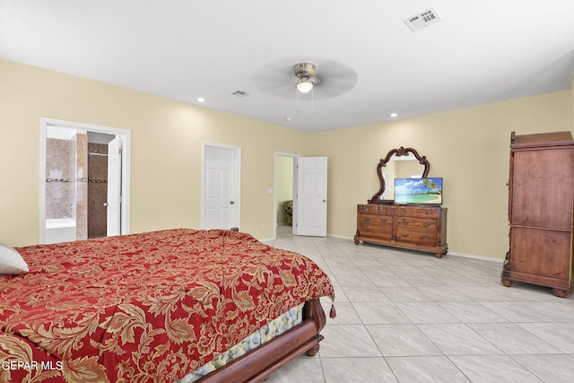 bedroom with recessed lighting, visible vents, baseboards, and light tile patterned floors