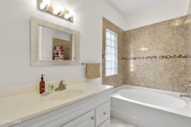 full bathroom with a shower with curtain, vanity, tile patterned flooring, and a bathing tub