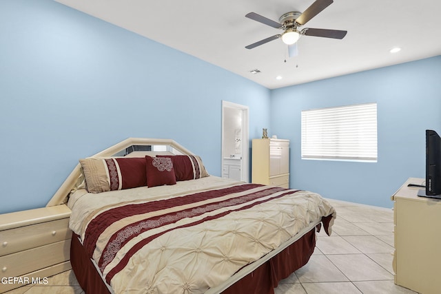 bedroom with ceiling fan, recessed lighting, visible vents, and light tile patterned floors