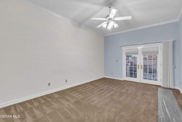 unfurnished room featuring ceiling fan, french doors, carpet floors, baseboards, and ornamental molding