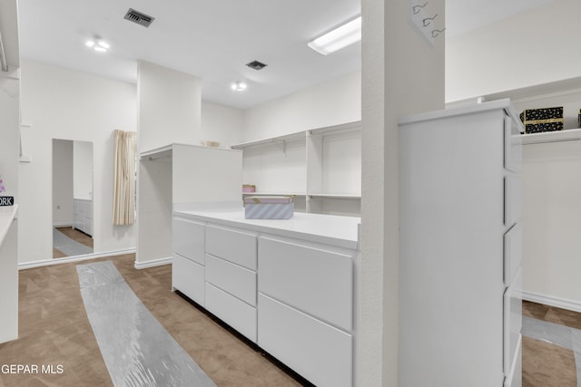 spacious closet featuring light colored carpet and visible vents