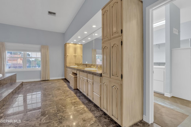 kitchen featuring visible vents, cream cabinets, baseboards, marble finish floor, and recessed lighting
