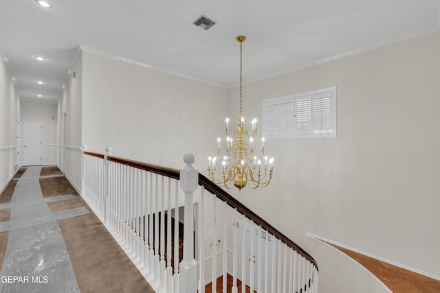 staircase featuring crown molding, recessed lighting, a chandelier, and visible vents