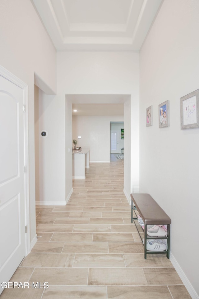 10716 Drew Pearson Dr, El Paso, TX 79924 - hall with wood tiled floor, baseboards, and a raised ceiling