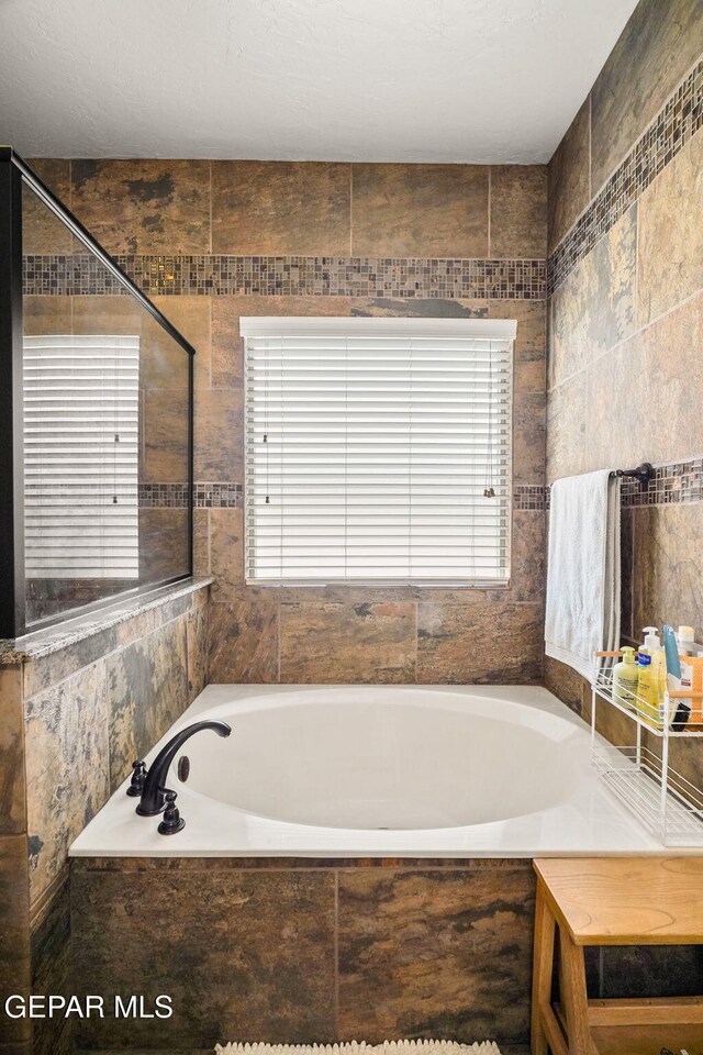 bathroom with a garden tub, tile walls, and plenty of natural light