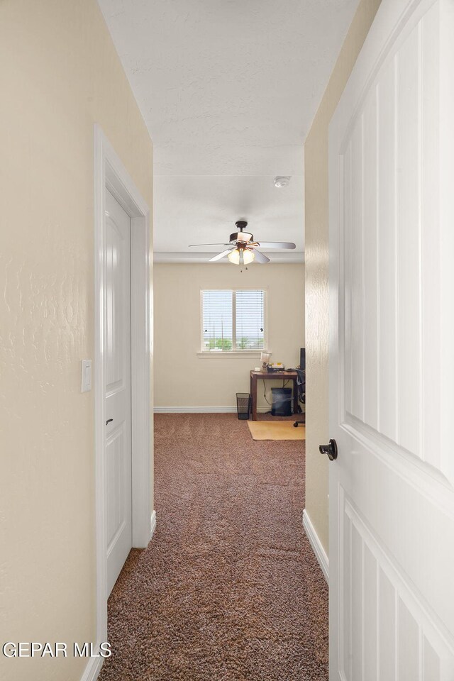 hallway featuring carpet floors and baseboards
