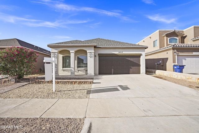 14218 Charles Pollock Ave, El Paso, TX 79938 - view of front of home with an attached garage, driveway, stucco siding, and covered porch
