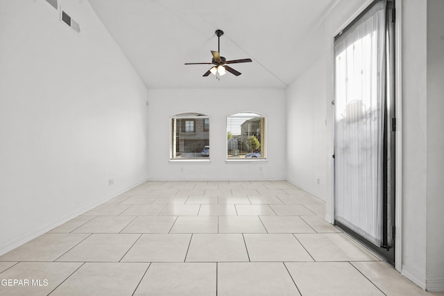 14218 Charles Pollock Ave, El Paso, TX 79938 - unfurnished room with ceiling fan, lofted ceiling, and light tile patterned floors