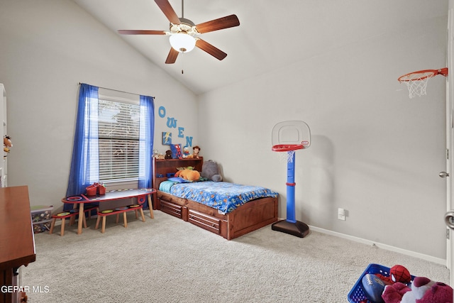 carpeted bedroom featuring ceiling fan, baseboards, and high vaulted ceiling
