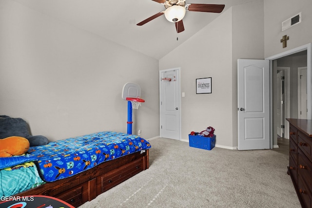 carpeted bedroom featuring high vaulted ceiling, baseboards, and ceiling fan