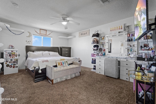 11400 Pifas Nevarez Pl, El Paso, TX 79934 - bedroom with ceiling fan, a textured ceiling, carpet, and visible vents